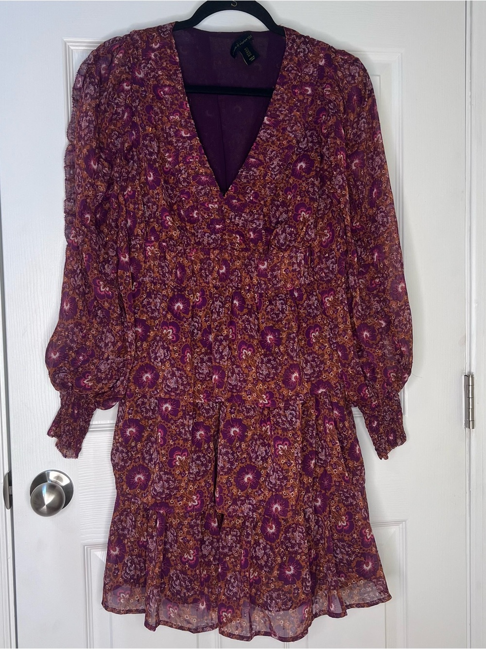 House of Harlow 1960 Boho Fall Western Burgandy Tiered Smocked Ruffle Dress 2